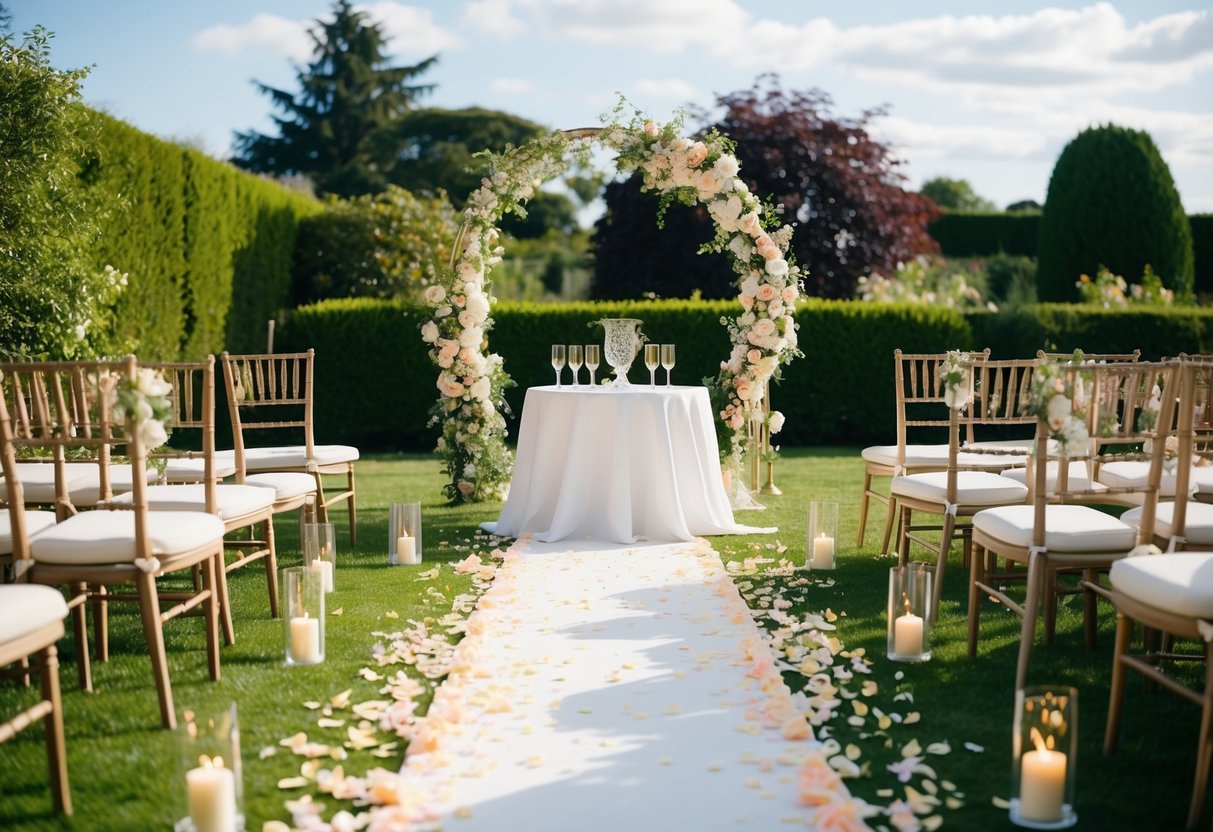 A picturesque outdoor garden setting with a decorative arch, flower petals scattered along the path, and a table set with candles and champagne for a vow renewal ceremony in the UK
