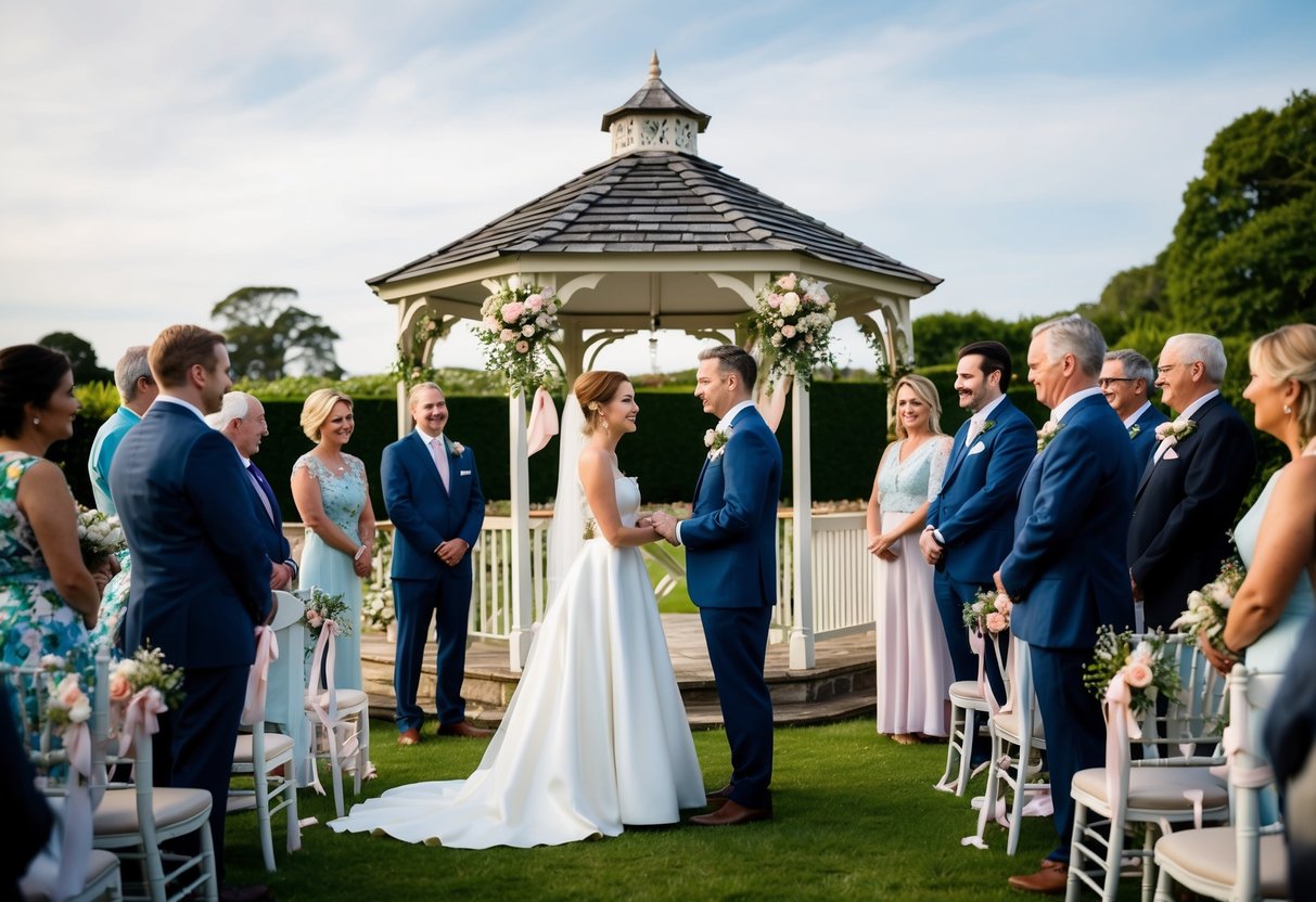 A couple standing in a picturesque garden with a gazebo adorned with flowers and ribbons, surrounded by friends and family, exchanging vows again