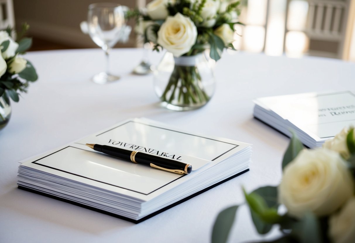 A table with elegant decorations and a pen resting on top, surrounded by a stack of pristine white vow renewal registry cards
