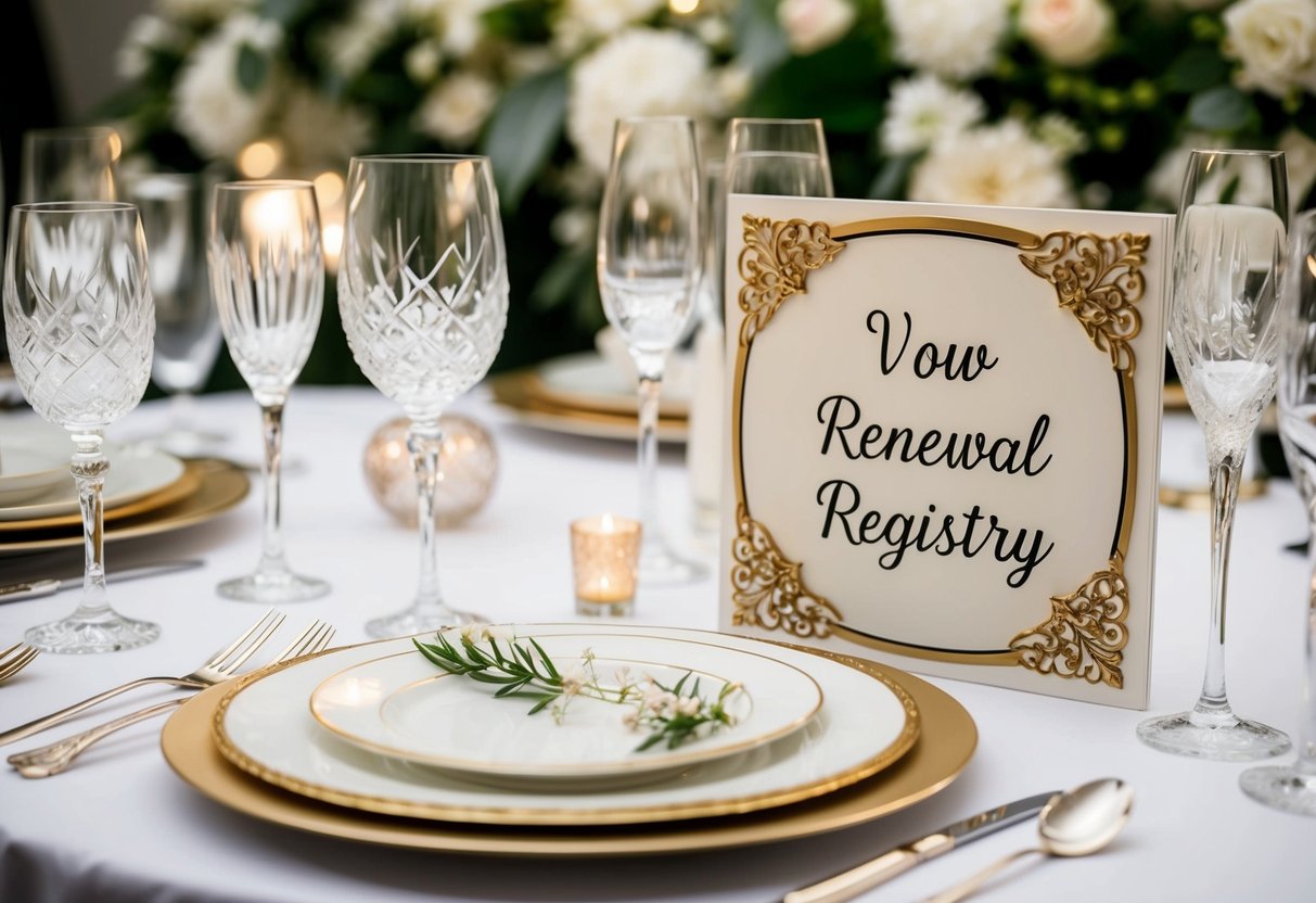A table set with a variety of elegant items, such as fine china, crystal glasses, and silverware, alongside a decorative sign indicating "Vow Renewal Registry."