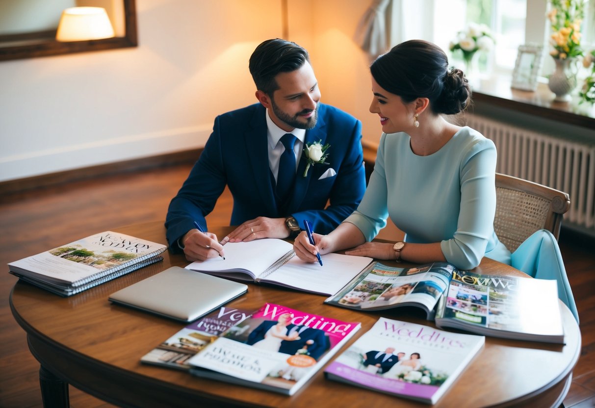 A couple sits at a table, discussing and planning the details of their vow renewal ceremony. They have a notebook and pen in front of them, and are surrounded by various wedding magazines and catalogs