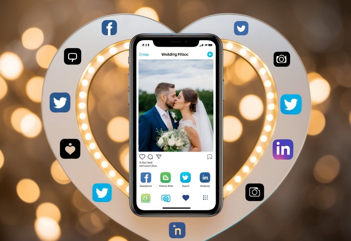 A smartphone with wedding photos displayed on the screen, surrounded by social media icons and a heart-shaped frame