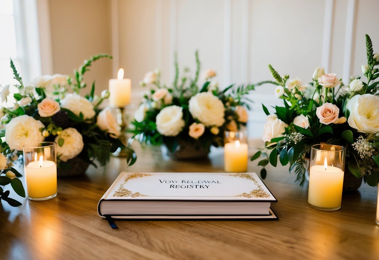 A table with a beautifully decorated vow renewal registry book, surrounded by elegant floral arrangements and flickering candles