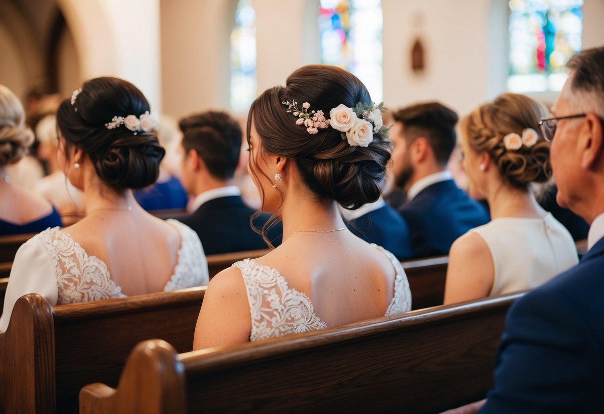 A woman with elegant updo and floral hair accessory sits in a church pew, surrounded by other guests with various hairstyles