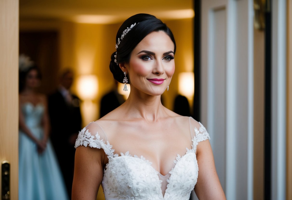 A woman with elegant, neatly styled hair enters a wedding venue, adorned with subtle accessories to complement her outfit
