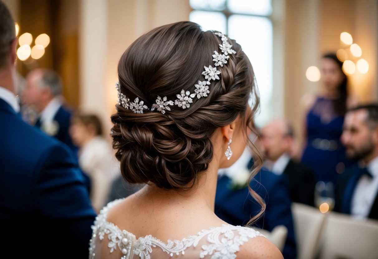 A wedding guest's hair is elegantly adorned with hair accessories and embellishments, adding a touch of sophistication and glamour to the overall hairstyle