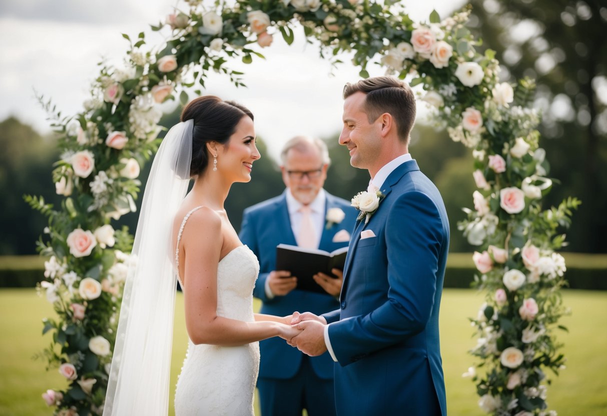 A bride and groom standing face to face, exchanging vows under a floral archway