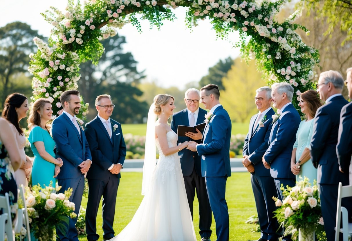 A couple standing beneath a blooming archway, surrounded by friends and family, exchanging heartfelt vows