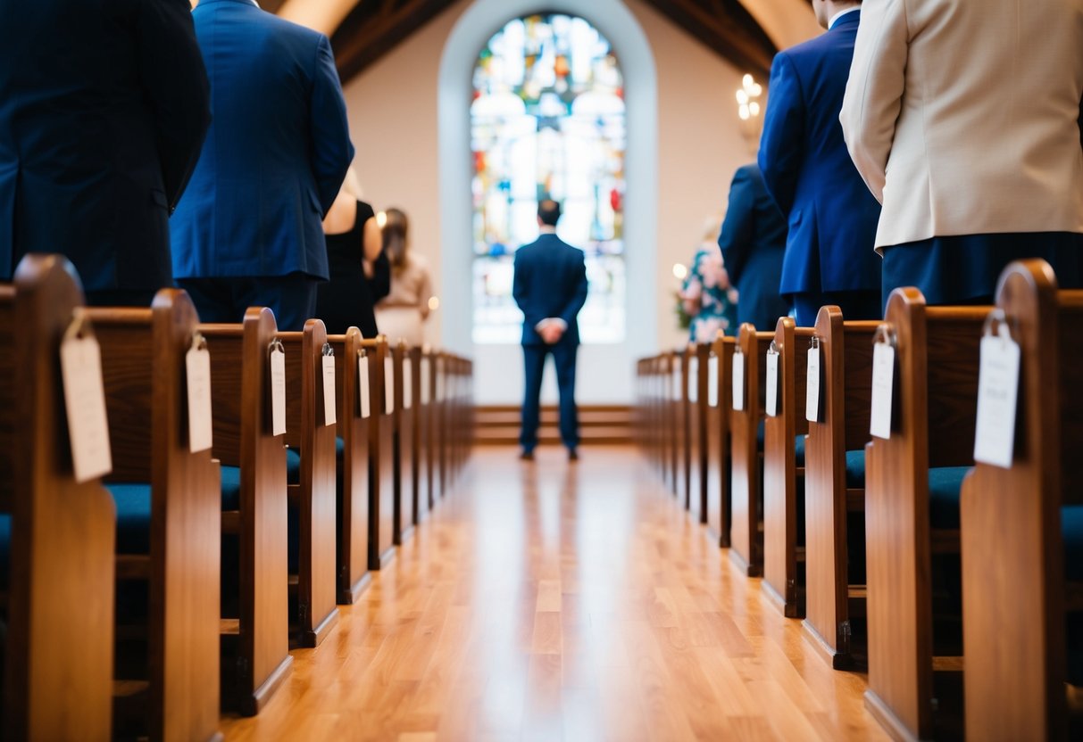 A figure stands at the end of an aisle, facing a figure at the opposite end