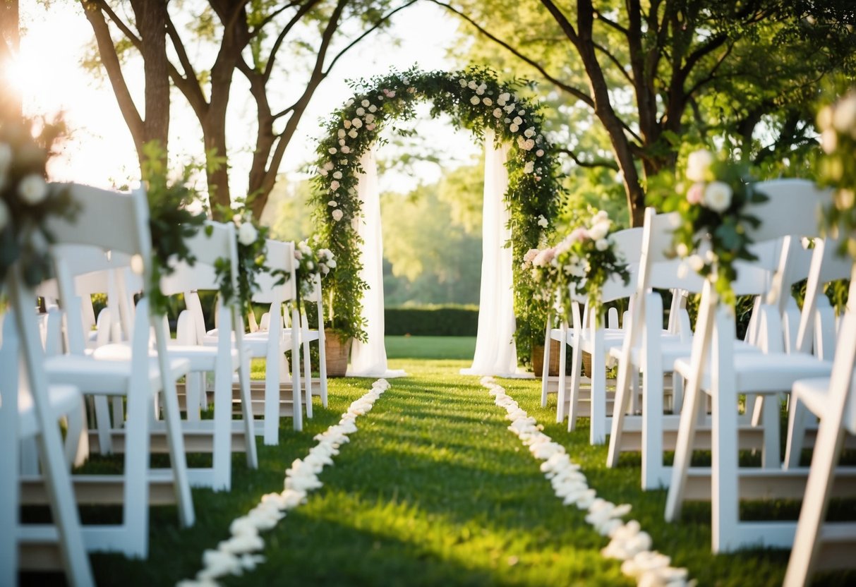 A flower-lined aisle leads to an archway adorned with white fabric and greenery. The soft glow of sunlight filters through the trees, creating a warm and romantic atmosphere