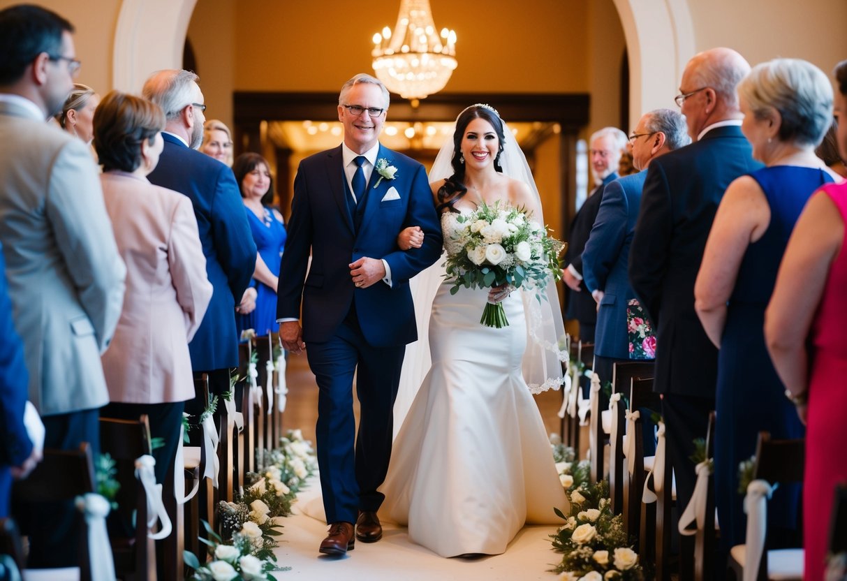 A figure escorts the bride down the aisle at the vow renewal ceremony