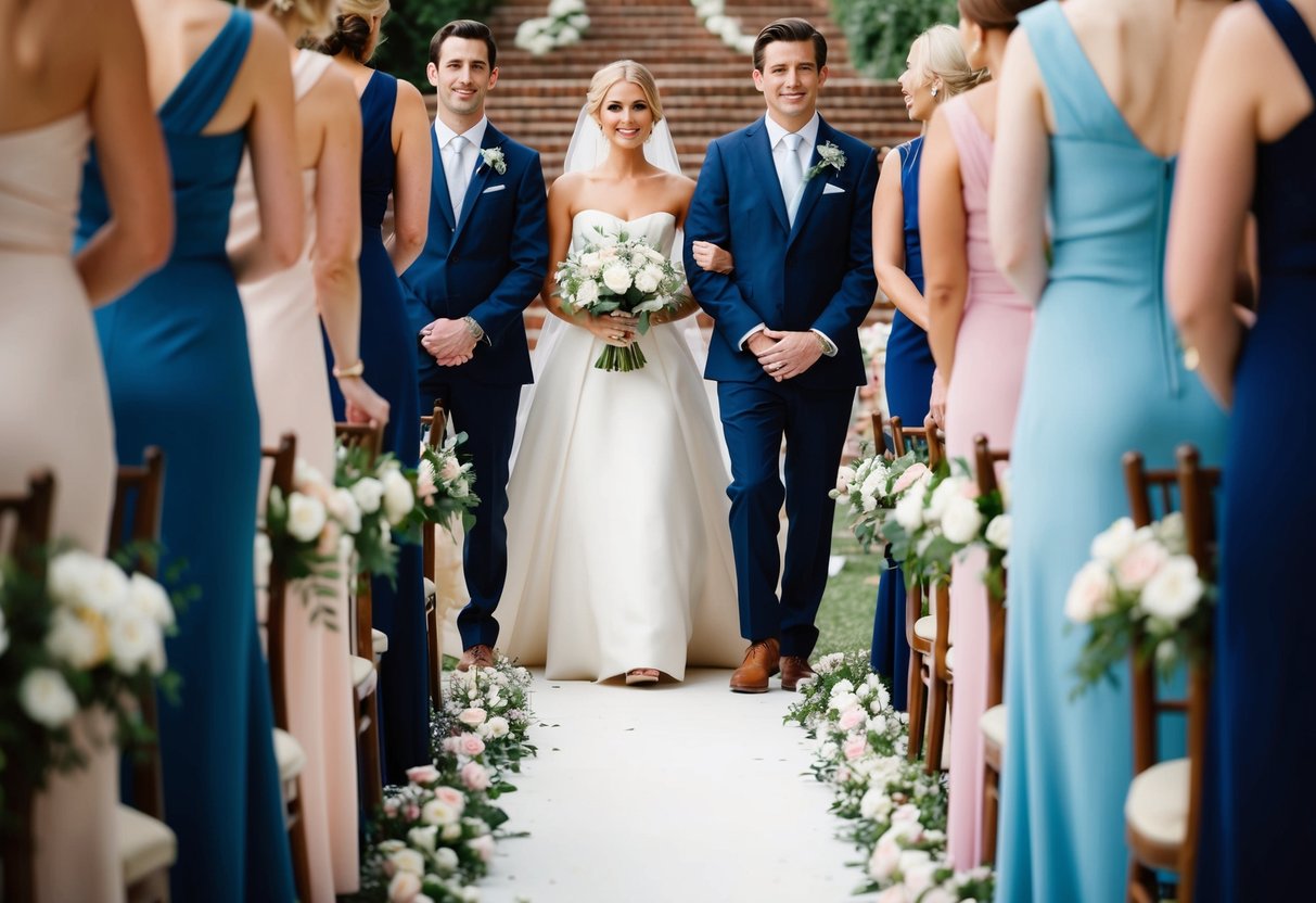 A group of elegantly dressed figures standing in a row, with the focus on one figure leading the way down a flower-lined aisle
