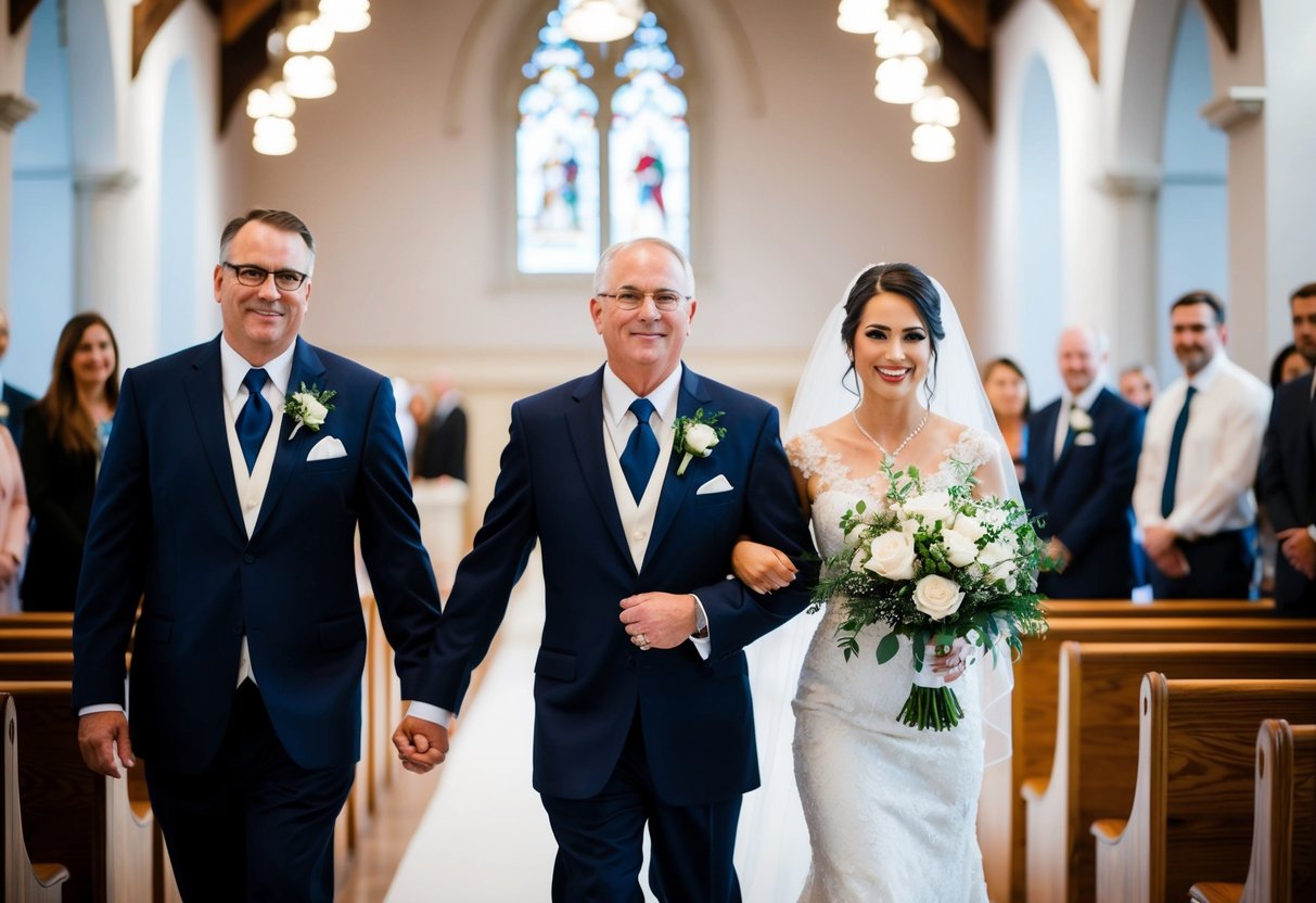A figure in formal attire escorts the bride down the aisle, symbolizing support and tradition
