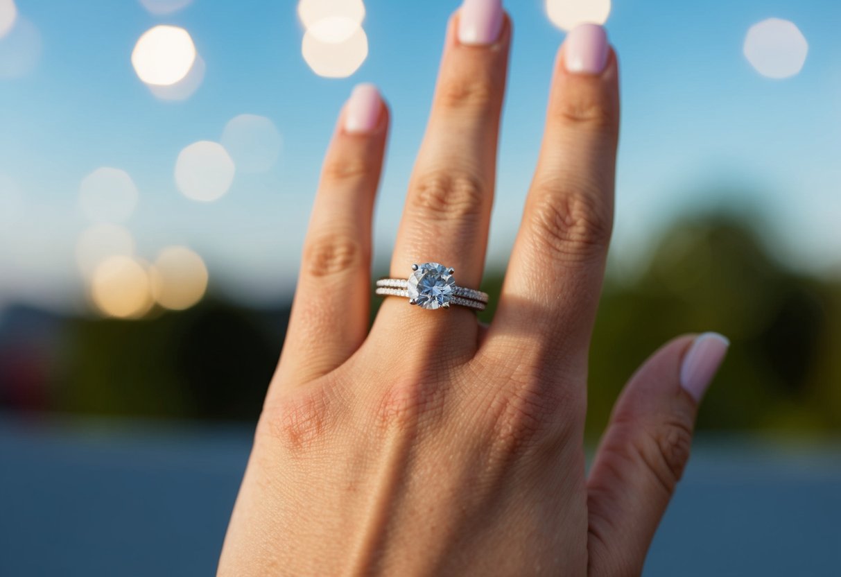 A ring on the fourth finger of a left hand, symbolizing marriage
