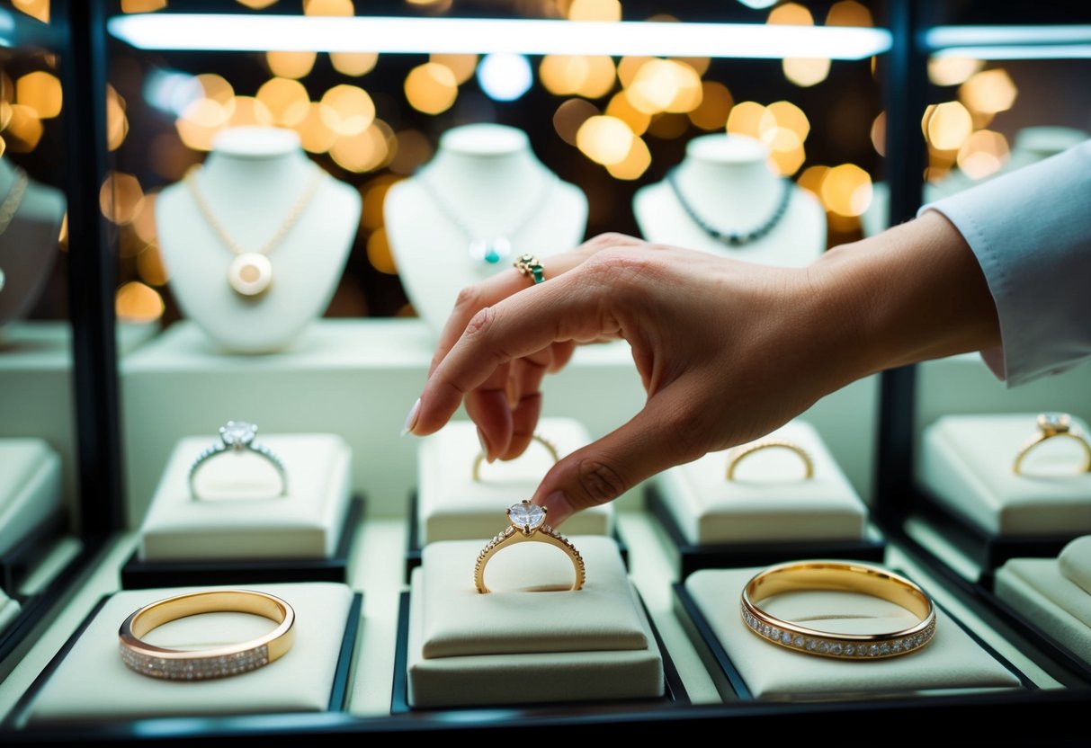 A hand reaching out to touch a display of various commitment jewelry, including rings, bracelets, and necklaces