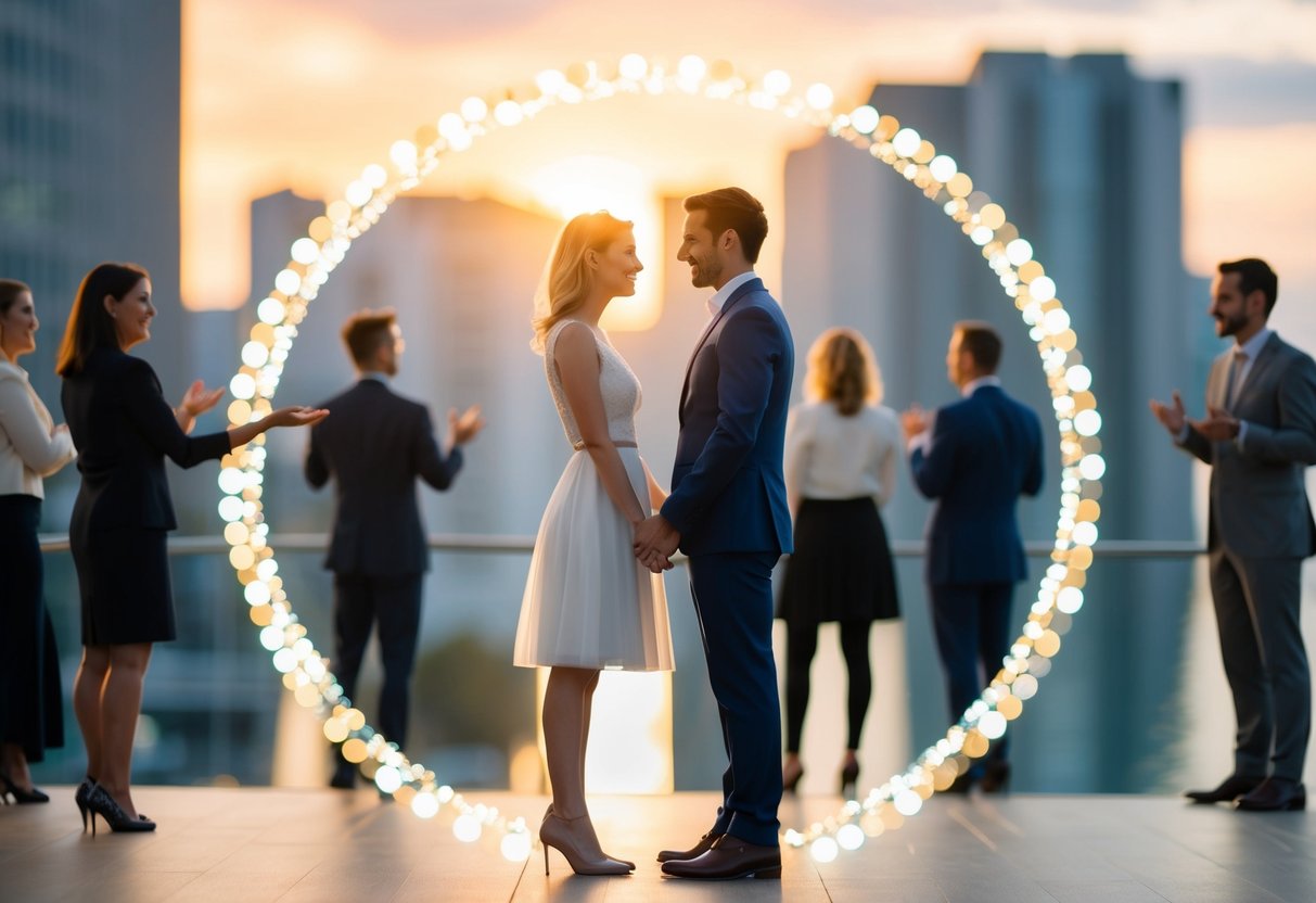 A couple standing together, surrounded by a circle symbolizing their commitment, with other potential partners fading into the background