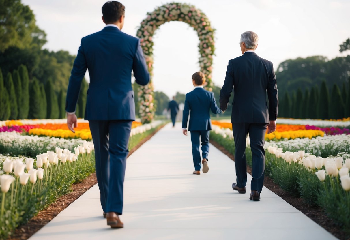 A figure leads another along a flower-lined path towards a ceremonial archway