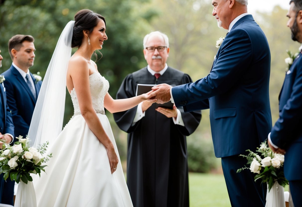 A bride and her father stand at the start of the aisle, facing the officiant. The father places his daughter's hand in the officiant's, symbolizing the transfer of responsibility