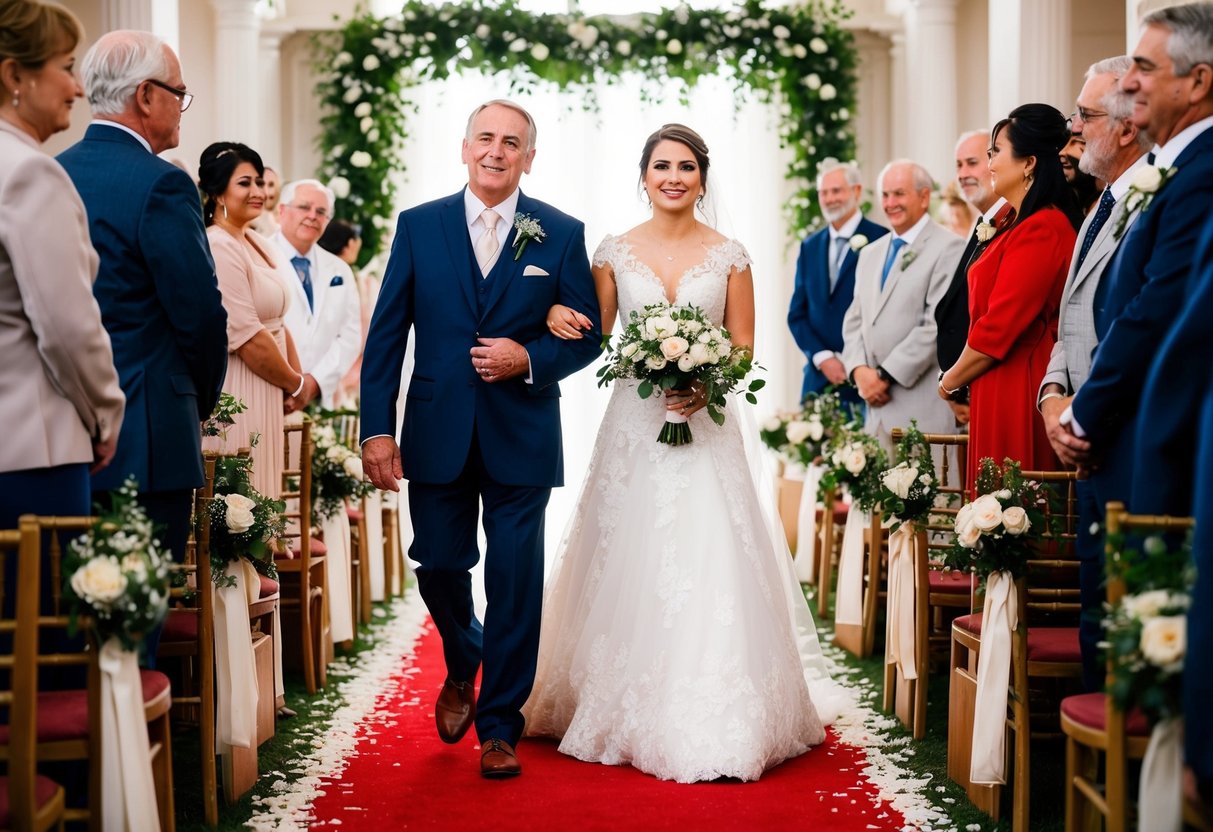 A bride and her father stand at the end of an aisle, surrounded by traditional wedding decor. The father looks proud as he walks his daughter down the aisle