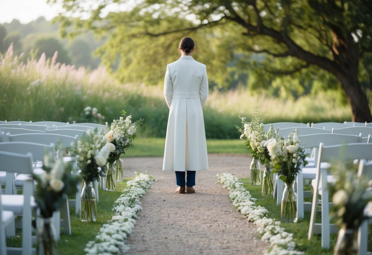 A lone figure stands at the end of a flower-lined aisle, facing a serene natural setting with a gentle breeze