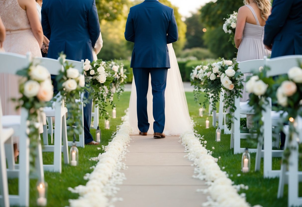 A figure stands at the end of a flower-lined aisle, waiting to accompany another figure down the path. The setting is serene and romantic, with soft lighting and a sense of anticipation in the air
