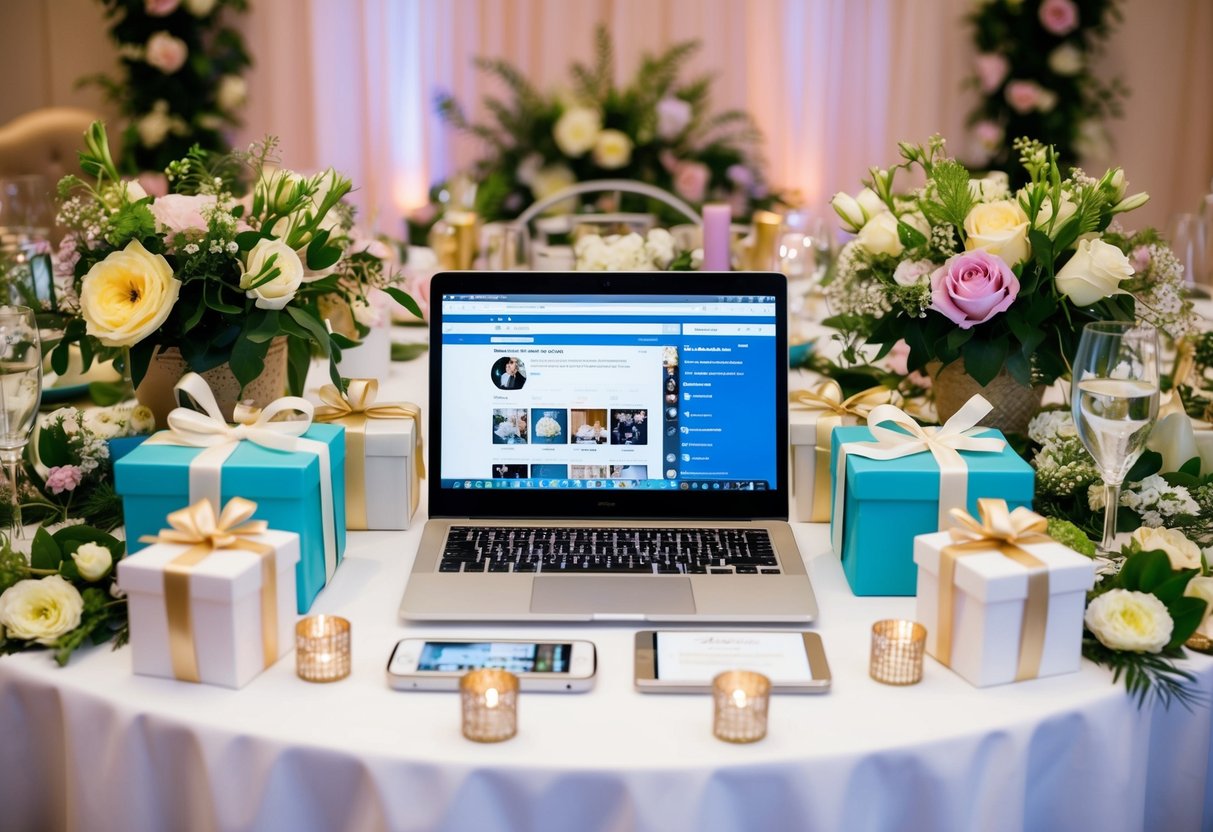 A beautifully decorated table with wedding gifts and a laptop open to a social media page, surrounded by flowers and wedding decor