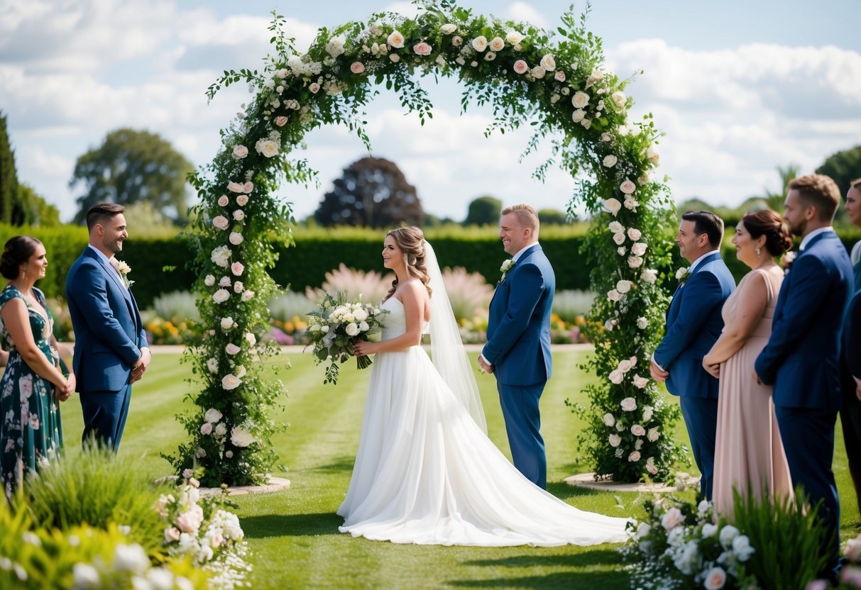 A bride in a flowing white dress stands under an arch of flowers and greenery, surrounded by loved ones in a garden setting
