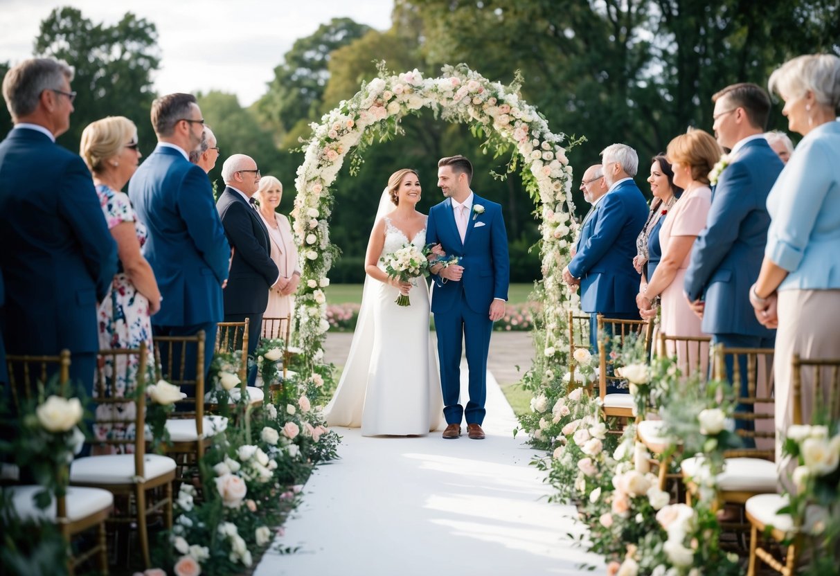 A couple stands at the end of a flower-lined aisle, surrounded by family and friends, as they renew their vows under a beautiful archway
