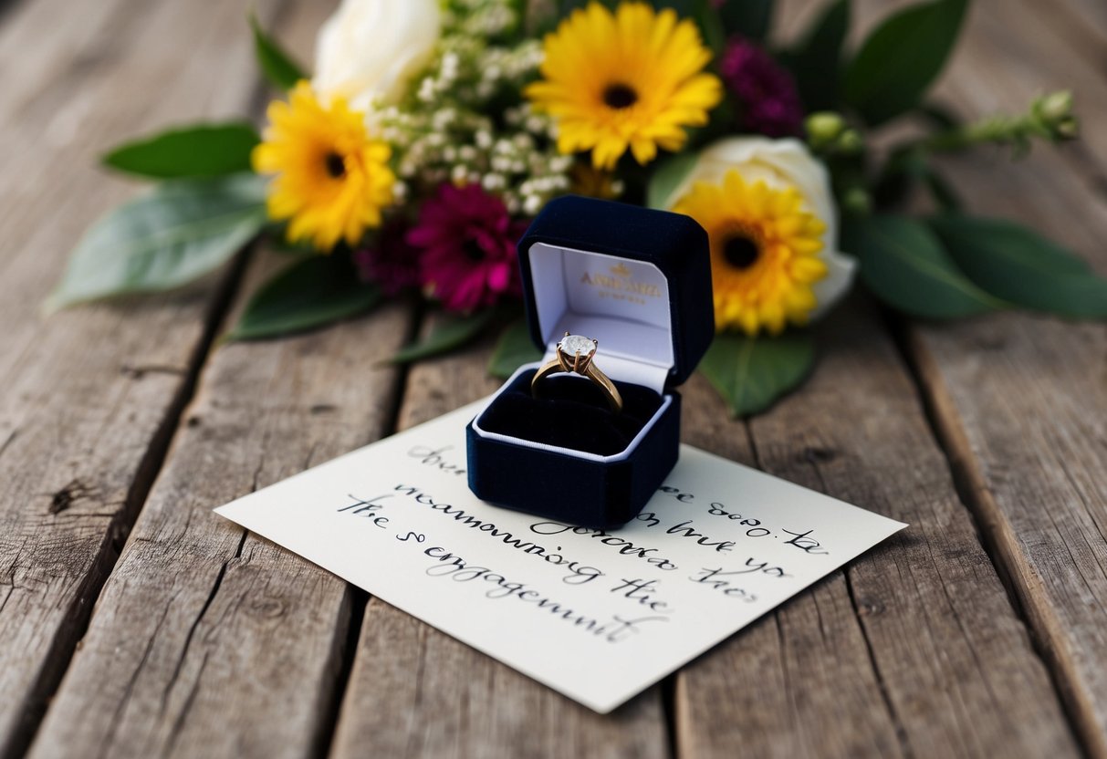 A ring box placed on a rustic wooden table, surrounded by fresh flowers and a handwritten note announcing the engagement