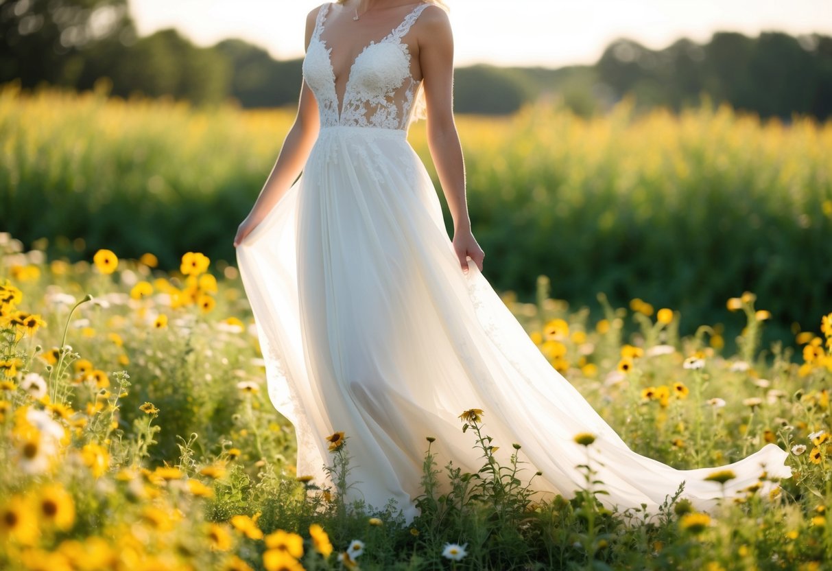 A bride stands in a field of wildflowers, wearing a flowing white dress with delicate lace details, the sunlight casting a soft glow on the fabric