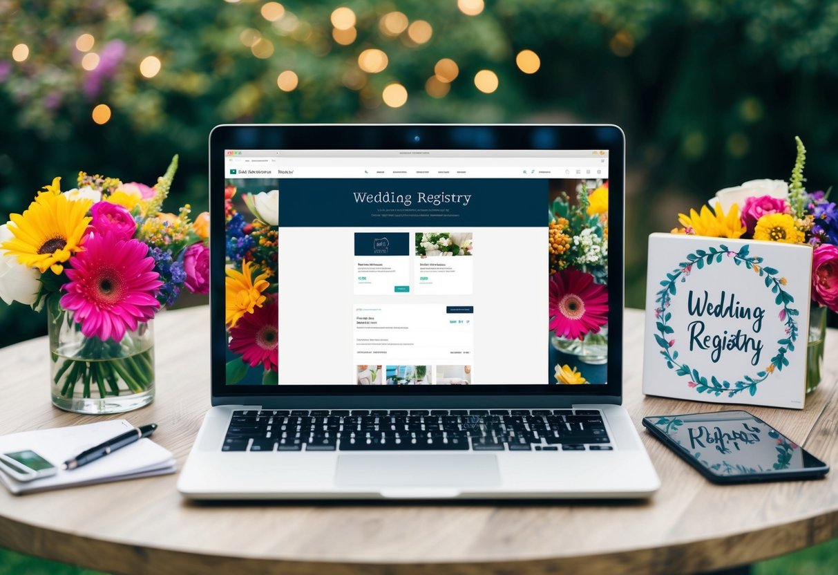 A laptop open on a table with a wedding registry website displayed, surrounded by colorful flowers and a decorative sign