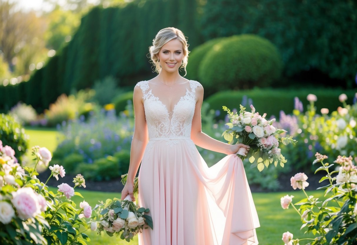 A bride stands in a garden wearing a soft pink vow renewal dress, surrounded by blooming flowers and lush greenery