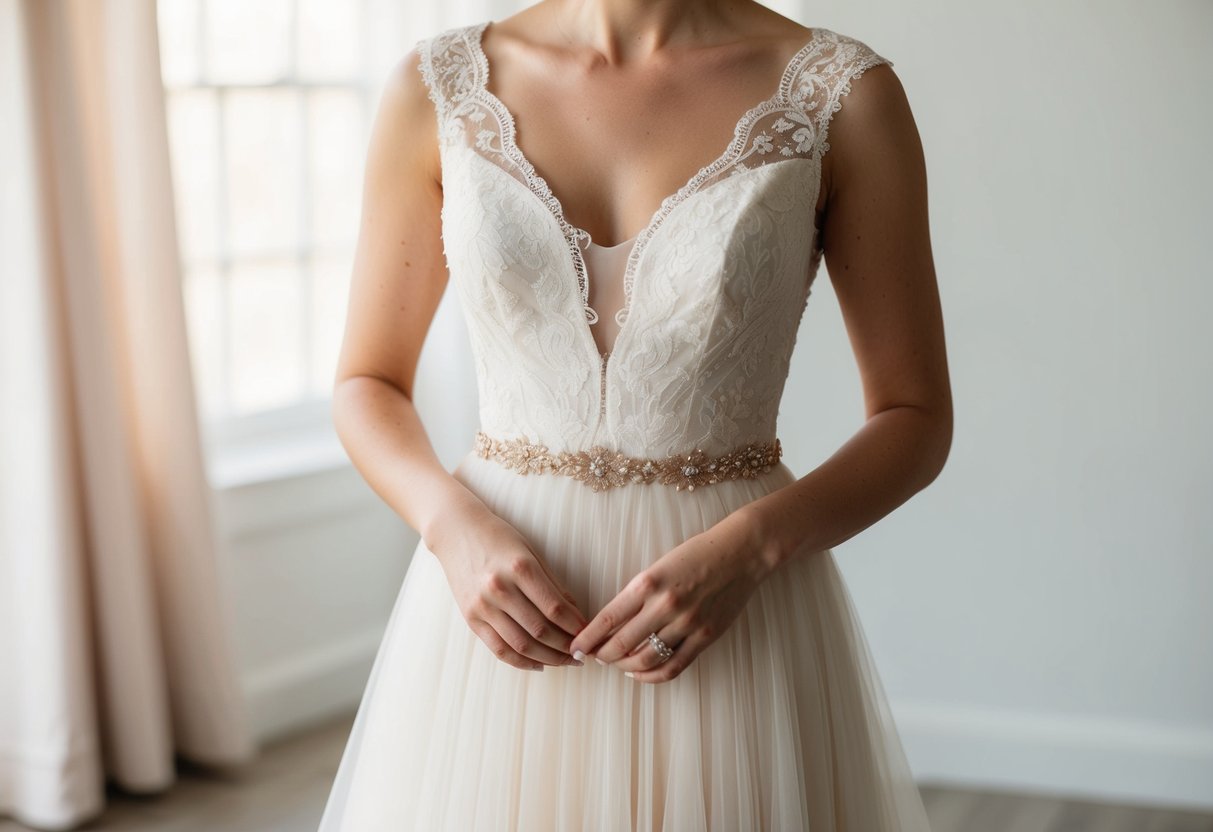 The bride wears a soft ivory dress with delicate lace details and a flowing silhouette, accented with subtle hints of blush and champagne