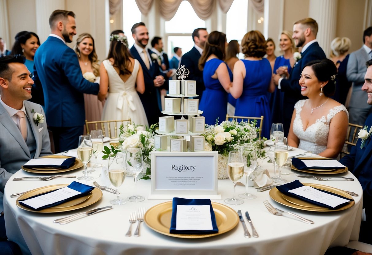 A beautifully decorated wedding table with elegant place settings and a display of registry items, surrounded by happy guests mingling and celebrating