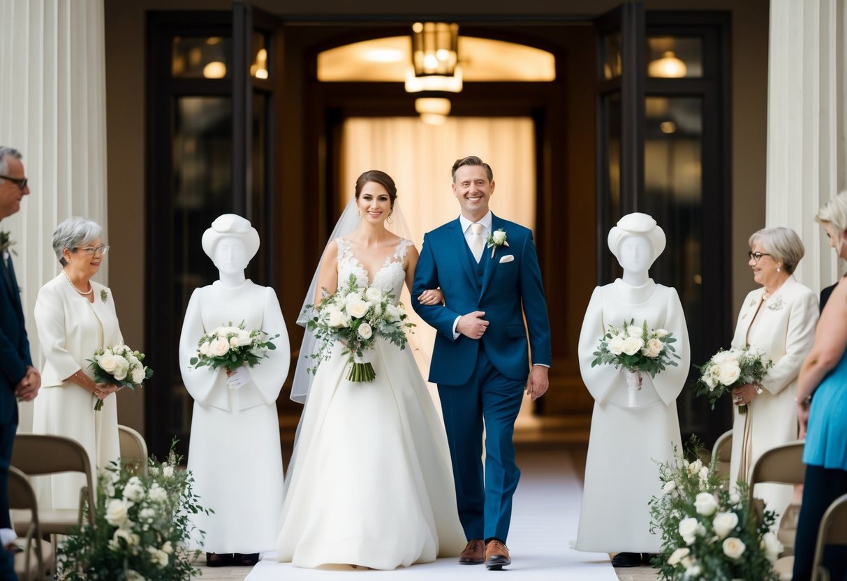 A bride and groom stand at the end of an aisle, flanked by two figures representing their parents