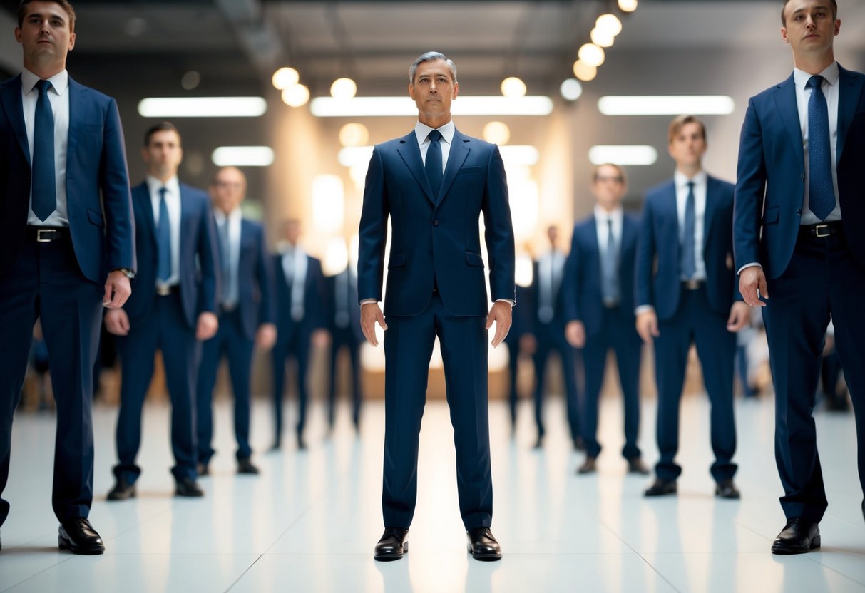 A figure stands at the center, flanked by two others on either side, all facing forward