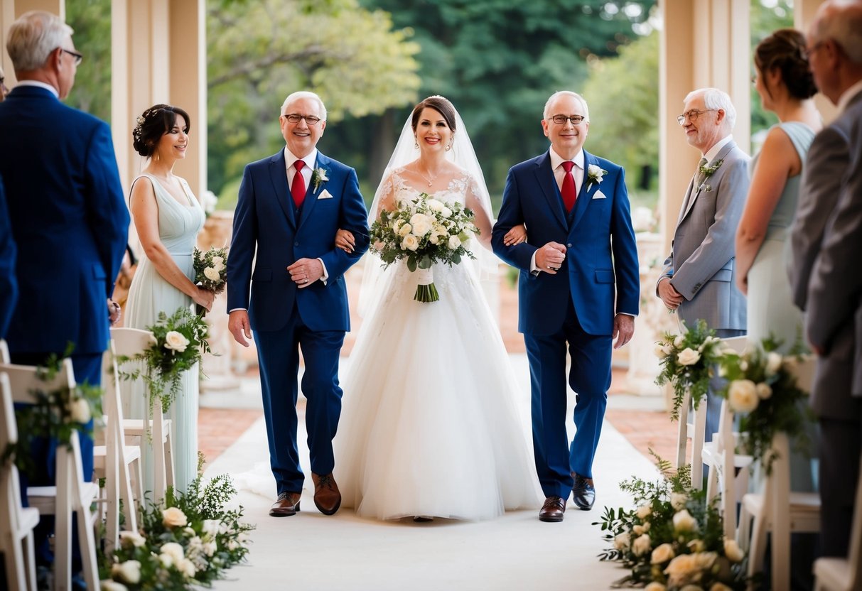A bride walks down the aisle, flanked by two figures symbolizing her parents. The setting is a beautiful, traditional wedding ceremony