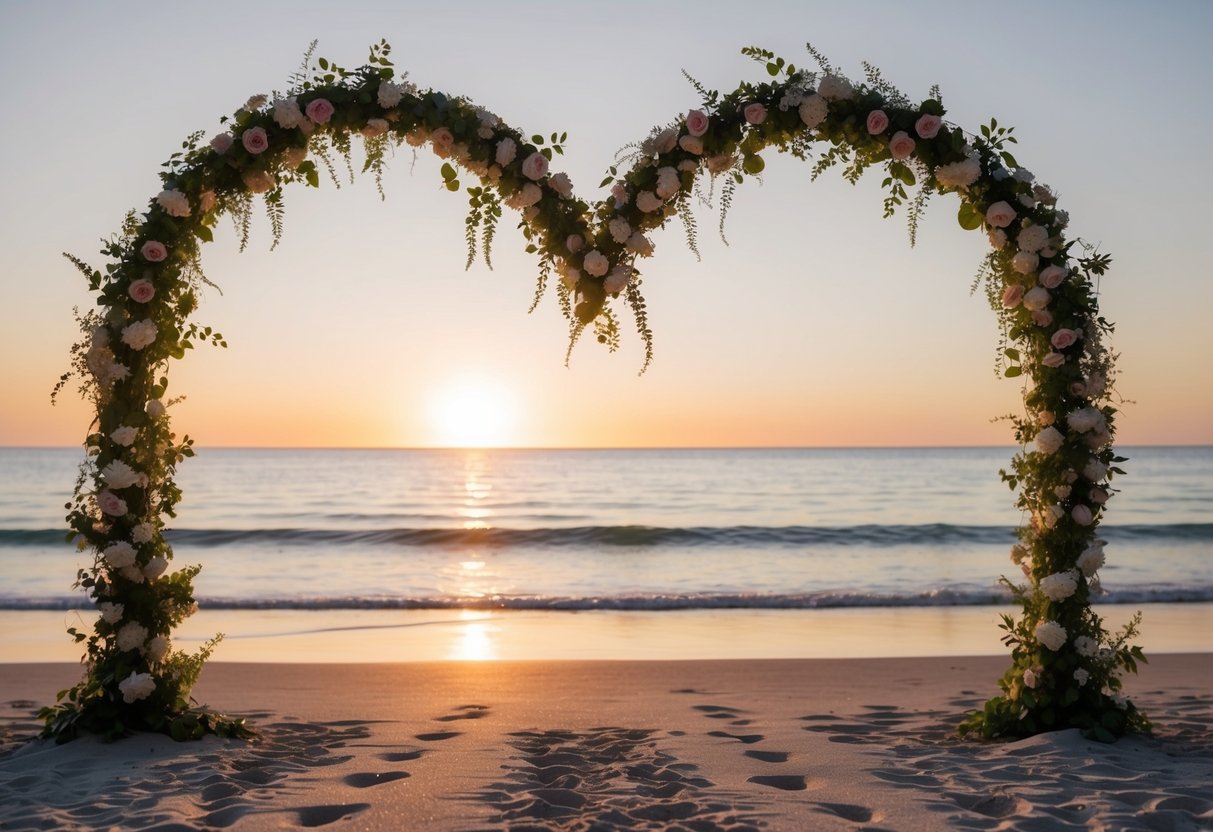 A serene beach at sunset, with two sets of footprints leading towards the ocean, framed by a heart-shaped archway made of flowers and greenery