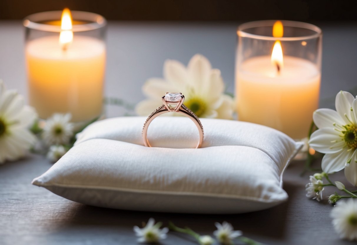 A wedding ring placed on a pillow, surrounded by delicate flowers and soft candlelight