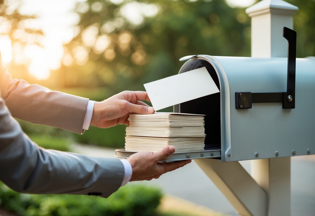 A hand placing a stack of elegant wedding invitations into a mailbox