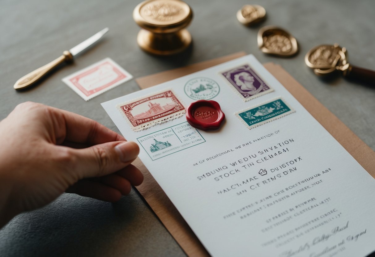 A wedding invitation being mailed with decorative stamps and a wax seal
