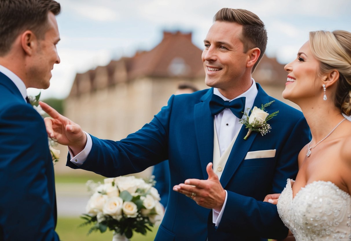 A figure in formal attire gestures towards the bride and groom, prompting a kiss