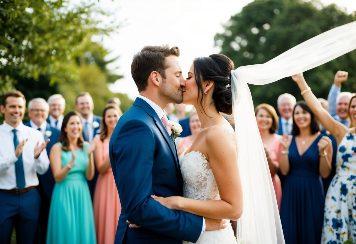 A couple stands facing each other, surrounded by cheering guests, as they lean in for a kiss. The bride's veil billows around them, capturing the significance of the moment