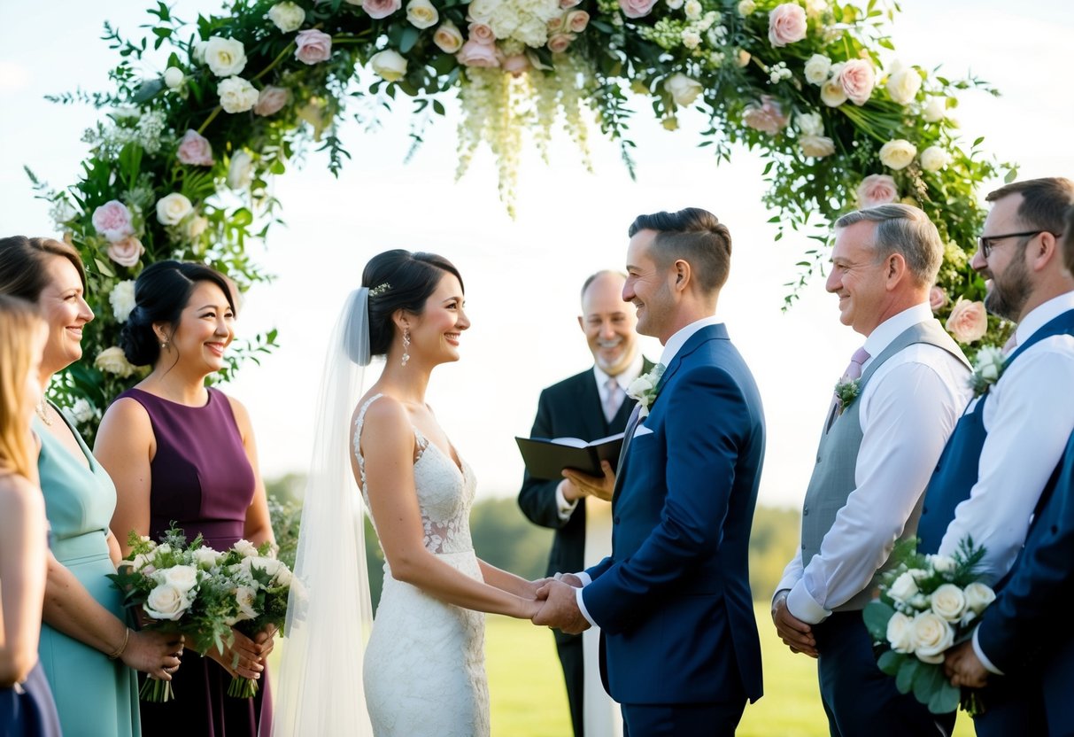 A couple holding hands under a floral arch, surrounded by friends and family, as they exchange vows with a celebrant officiating