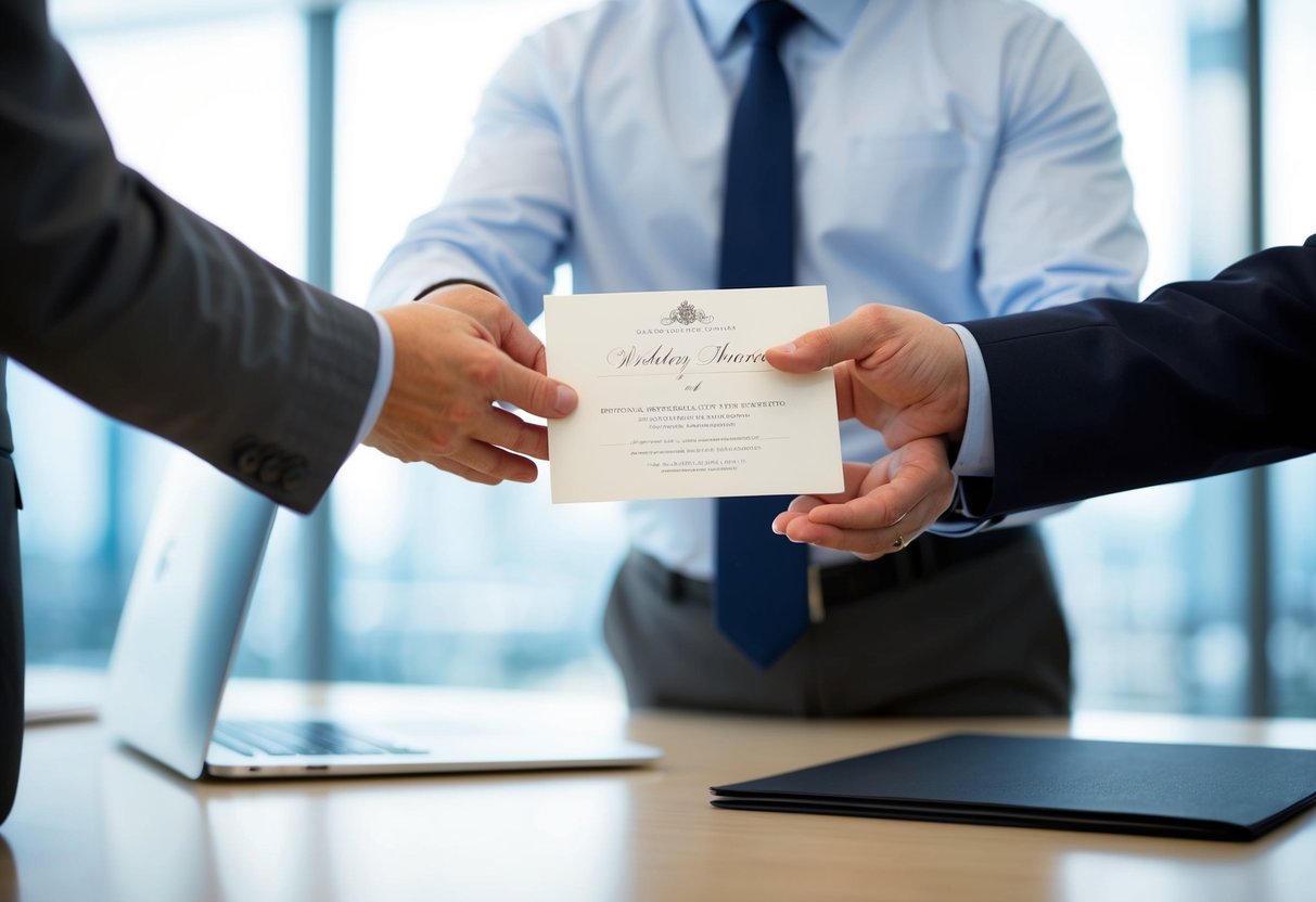 A person in a professional setting handing over a wedding invitation to their manager