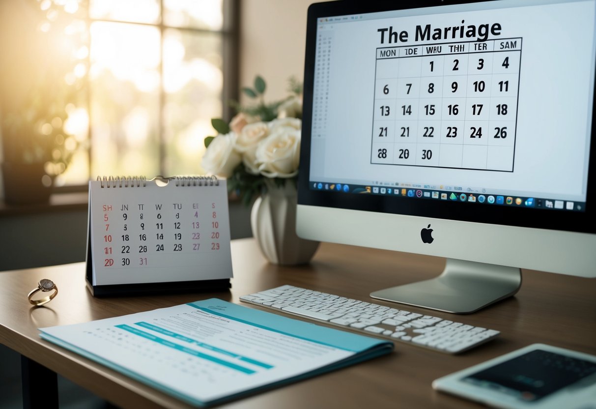 A desk with a calendar open to the month of the marriage, a computer with an email draft addressed to the manager, and a wedding ring on the desk