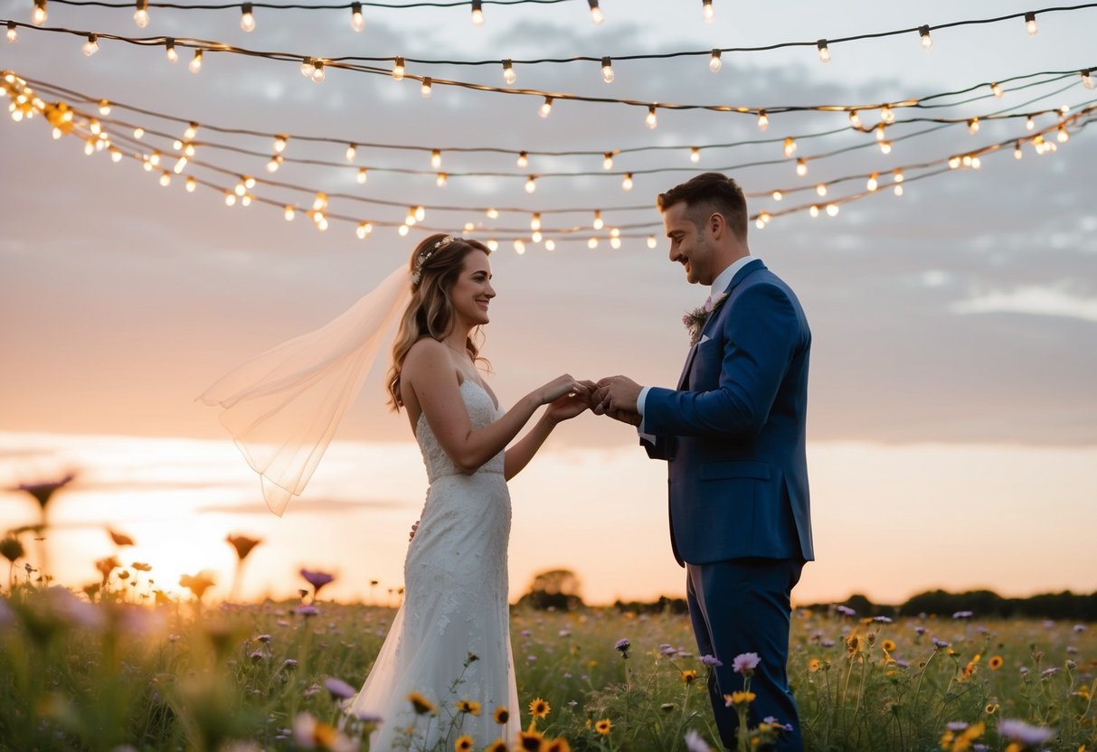 A couple stands in a field of wildflowers, exchanging vows under a canopy of twinkling fairy lights. A gentle breeze carries their words into the sunset