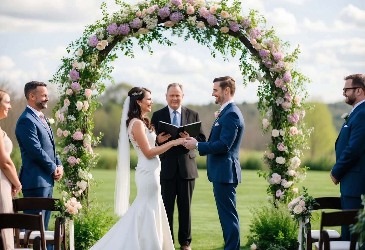 A couple standing under a blooming archway, surrounded by nature, exchanging heartfelt vows
