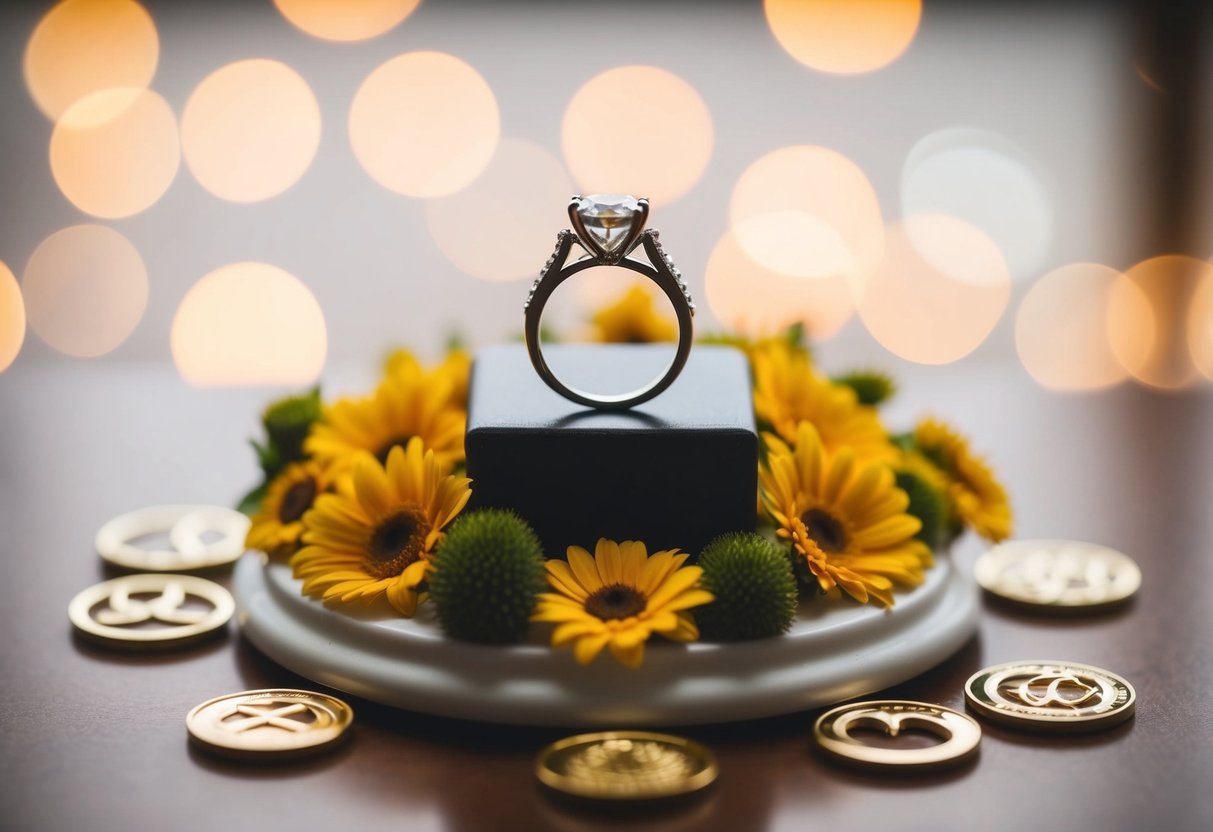 A wedding ring placed on a pedestal, surrounded by symbols of commitment and eternity