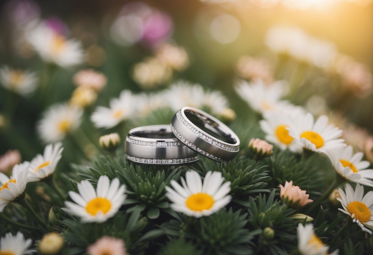 A pair of intertwined rings resting on a bed of flowers, symbolizing the eternal commitment and unity of marriage vows
